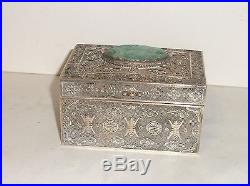 Chinese Silver Filigree Carved White & Apple Green Jade Humidor Box