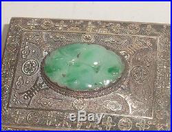 Chinese Silver Filigree Carved White & Apple Green Jade Humidor Box