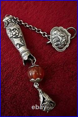 CHINESE SILVER NEEDLE CASE ORNATE WithCARNELIAN AND HOOK ANTIQUE