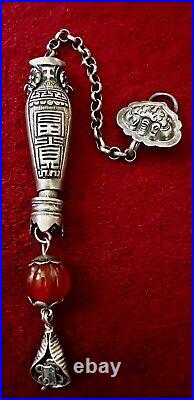 CHINESE SILVER NEEDLE CASE ORNATE WithCARNELIAN AND HOOK ANTIQUE