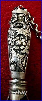 CHINESE SILVER NEEDLE CASE ORNATE WithCARNELIAN AND HOOK ANTIQUE