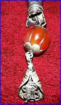 CHINESE SILVER NEEDLE CASE ORNATE WithCARNELIAN AND HOOK ANTIQUE