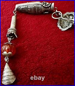 CHINESE SILVER NEEDLE CASE ORNATE WithCARNELIAN AND HOOK ANTIQUE