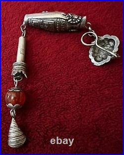 CHINESE SILVER NEEDLE CASE ORNATE WithCARNELIAN AND HOOK ANTIQUE