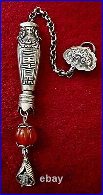 CHINESE SILVER NEEDLE CASE ORNATE WithCARNELIAN AND HOOK ANTIQUE