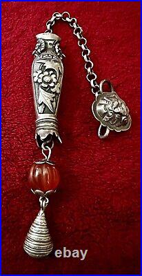 CHINESE SILVER NEEDLE CASE ORNATE WithCARNELIAN AND HOOK ANTIQUE