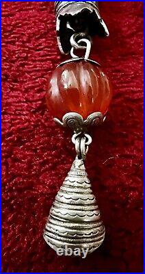 CHINESE SILVER NEEDLE CASE ORNATE WithCARNELIAN AND HOOK ANTIQUE