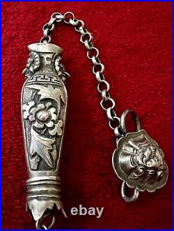 CHINESE SILVER NEEDLE CASE ORNATE WithCARNELIAN AND HOOK ANTIQUE