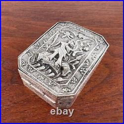 CHINESE SILVER PLATE SNUFF STASH BOX FLORAL With GIRL UNUSUAL OPENING