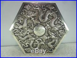 CHINESE Solid Silver DRAGON Table Trinket Box by Wing Chun c1900