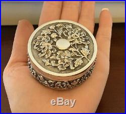 CHRYSANTHEMUM 1800's CHINESE EXPORT Solid Silver Repousse FLORAL BOX ANTIQUE