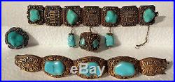CINA (China) Fine and old Chinese silver & turquoise bracelets and pin with box