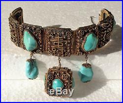 CINA (China) Fine and old Chinese silver & turquoise bracelets and pin with box