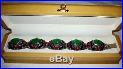 COLLECTIBLE Antique Chinese Export JADE Cabochon & ENAMEL Silver Bracelet BOXED