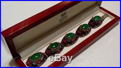 COLLECTIBLE Antique Chinese Export JADE Cabochon & ENAMEL Silver Bracelet BOXED