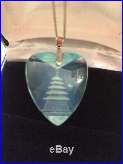 Carved Crystal Blue Heart Chinese Pagoda Pendant Silver 835 with Chain Boxed