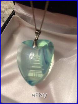 Carved Crystal Blue Heart Chinese Pagoda Pendant Silver 835 with Chain Boxed
