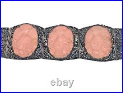 Carved Rose Quartz Kio Fish Asia Export Stacked Filigree Silver panel bracelet