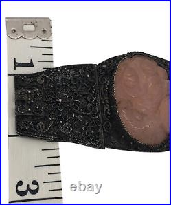 Carved Rose Quartz Kio Fish Asia Export Stacked Filigree Silver panel bracelet