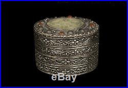 China 20. Jh. Dose -A Chinese Silvered Metal Jade / Nephrite Box Chinois Cinese
