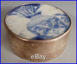 China Chinese 800 Silver Box with Blue & White Qing Porcelain Insert ca. 1900
