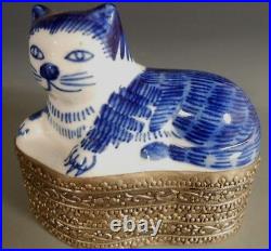 China Chinese Copper Silvered Box with Blue & White Porcelain Cat Insert ca 20th c