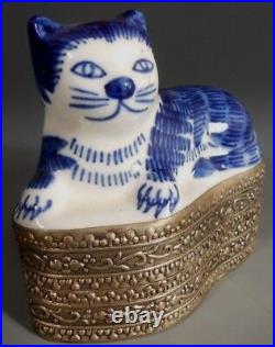 China Chinese Copper Silvered Box with Blue & White Porcelain Cat Insert ca 20th c