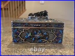 Chinese Antique Silver Enamel Cloisonne Box With Semi-precious Stone