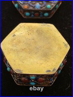 Chinese Antique Sterling Goldtone White Jade Turquoise Carnelian Hexagonal Box