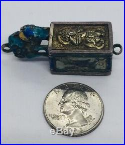 Chinese Antique Sterling Silver Blue Enamel Frog Animal Small Box