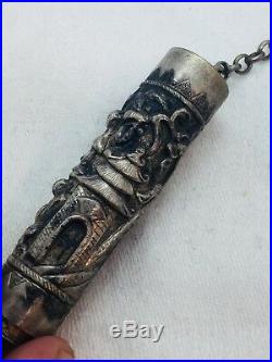 Chinese Antique Sterling Silver Detailed Chatelaine Pendant Hidden Pill Box