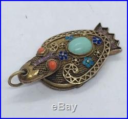 Chinese Antique Sterling Silver Duck/Bird Enamel Coral Turquoise Box Pendant
