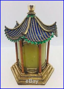 Chinese Antique Sterling Silver Enamel Nephrite Jade Filigree Pagoda Temple Box