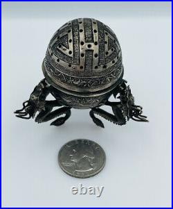 Chinese Antique Sterling Silver Figural Dragons Unusual Spice Box