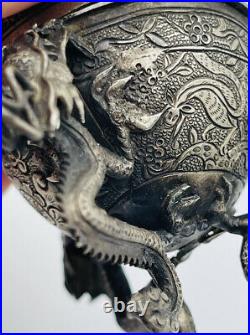 Chinese Antique Sterling Silver Figural Dragons Unusual Spice Box