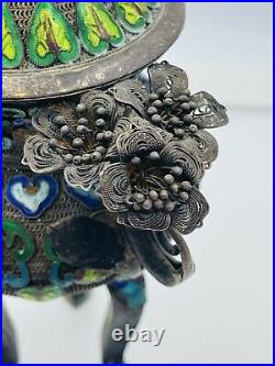 Chinese Antique Sterling Silver Filigree Enamel Floral Tall Lidded Box