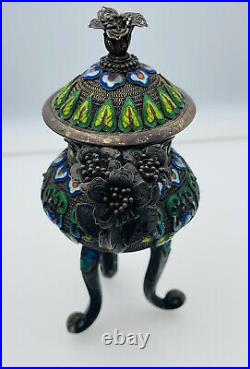 Chinese Antique Sterling Silver Filigree Enamel Floral Tall Lidded Box