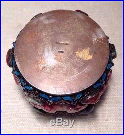 Chinese Antique Sterling Silver Jade Tourmaline & Rhodonite Bangle Ring Box