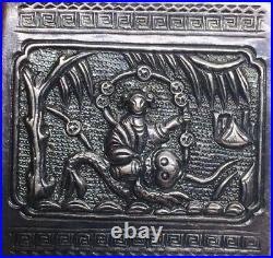 Chinese Antique Sterling Silver Lady On Dragon Pill Box