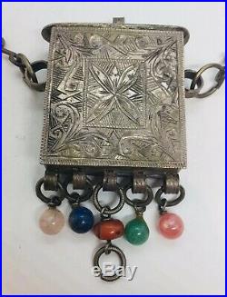 Chinese Antique Sterling Silver Ornate Wedding Box Coral Lapis Necklace