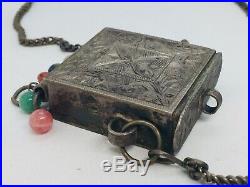 Chinese Antique Sterling Silver Ornate Wedding Box Coral Lapis Necklace