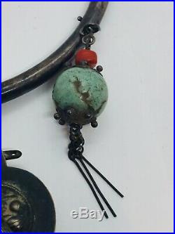 Chinese Antique Sterling Silver Turquoise & Coral Wedding Box Necklace