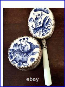 Chinese Blue & White Porcelain Silver Plated Trinket Box & Jade Handle Mirror