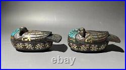 Chinese Bronze Boxes Ornaments Inlays Gold&silver Gems Bird Shaped Boxes A Pair