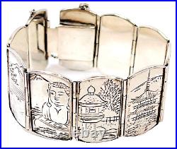 Chinese Buddha Story Telling Hinged Bracelet Sterling Silver Hand Etched 7