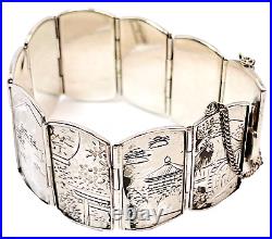 Chinese Buddha Story Telling Hinged Bracelet Sterling Silver Hand Etched 7