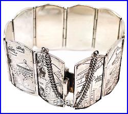 Chinese Buddha Story Telling Hinged Bracelet Sterling Silver Hand Etched 7