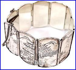 Chinese Buddha Story Telling Hinged Bracelet Sterling Silver Hand Etched 7