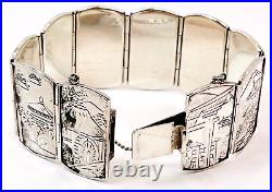 Chinese Buddha Story Telling Hinged Bracelet Sterling Silver Hand Etched 7