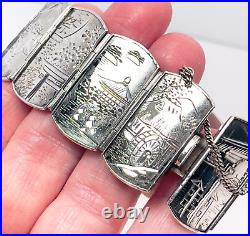 Chinese Buddha Story Telling Hinged Bracelet Sterling Silver Hand Etched 7